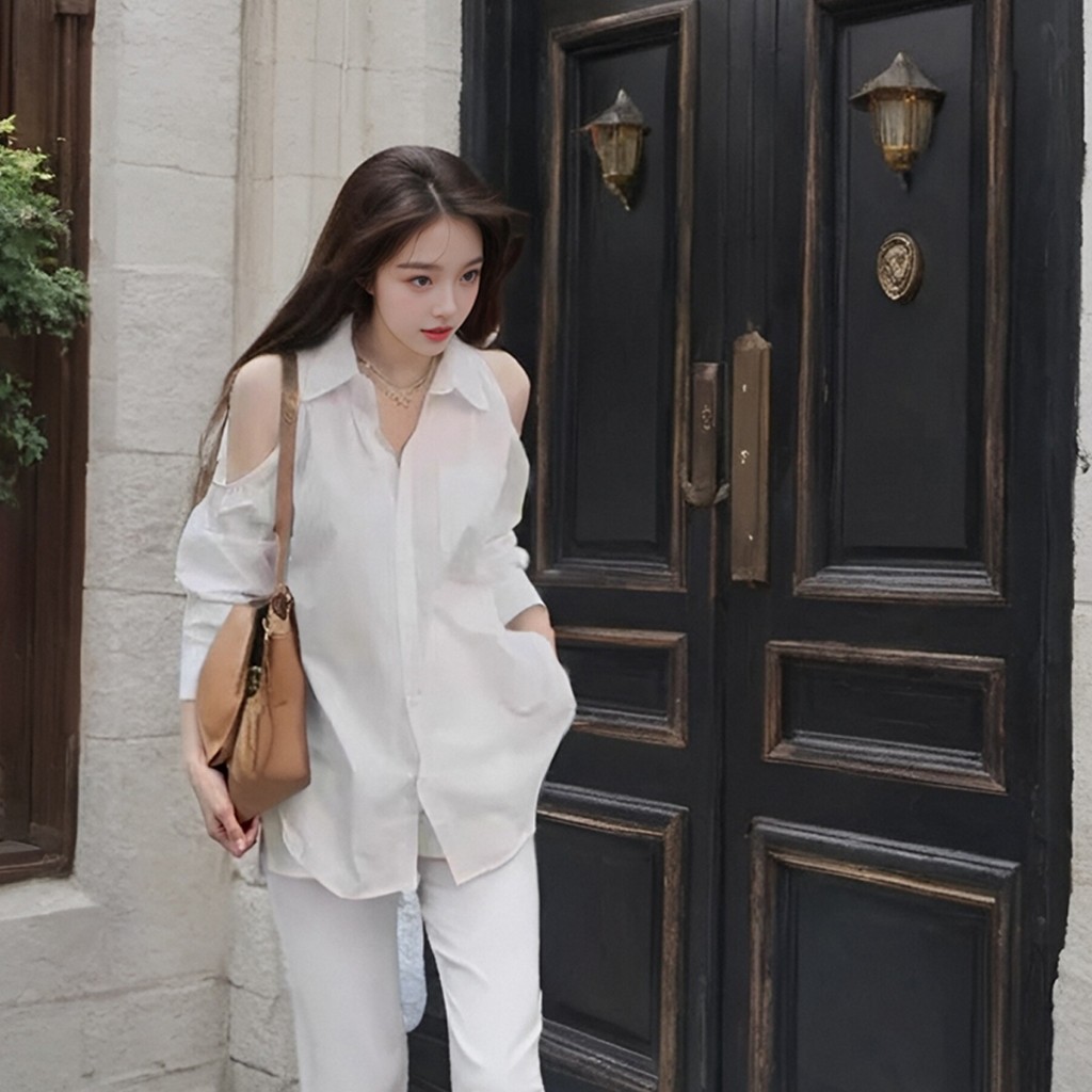 เสื้อเชิ้ตผู้หญิงแขนยาวคอปกใหม่ ดีไซน์เปิดไหล่
