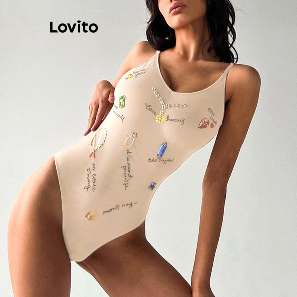 Lovito บอดี้สูทพิมพ์ลายธรรมดาสำหรับผู้หญิง LNL74135