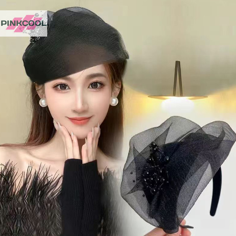 Pinkcool สง่างามครึ่งหมวกฝรั่งเศสย้อนยุคผม Hoop Dinner Party Hairband สําหรับผู้หญิงสาวอารมณ์ Headwear อุปกรณ์เสริมผมร้อน
