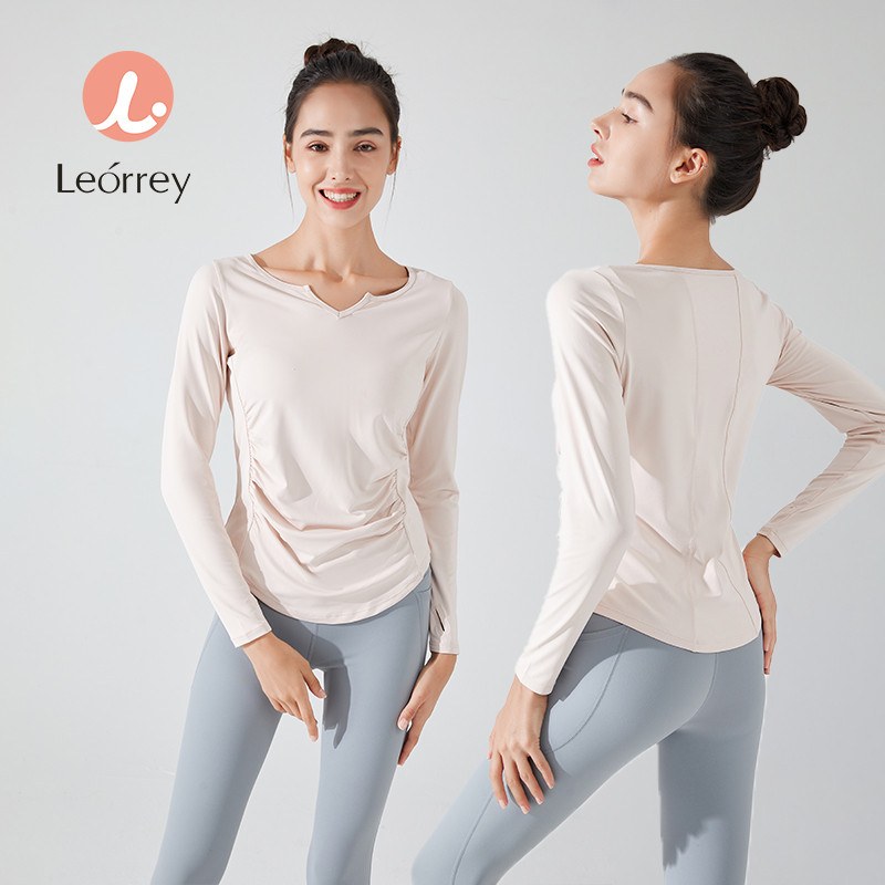 Leorrey-คอวี ท็อปส์ซูโยคะ เสื้อยืดแขนยาวแห้งเร็วขนาดใหญ่ เสื้อผ้าออกกำลังกายวิ่ง
