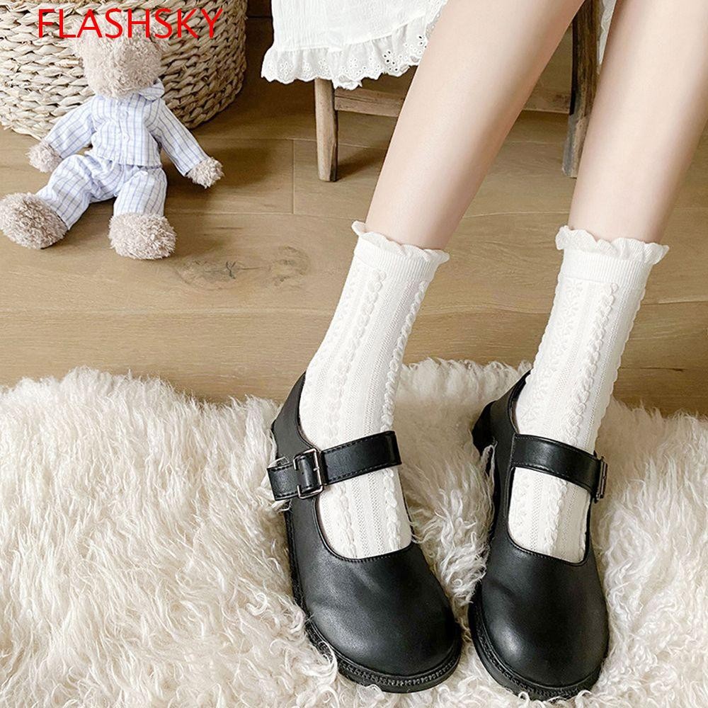 Flashsky ถุงเท้าผ้าฝ้ายผู้หญิง Vintage น่ารัก Twist Stripe สไตล์ฮาราจูกุสําหรับสาวถุงเท้า JK สีขาว