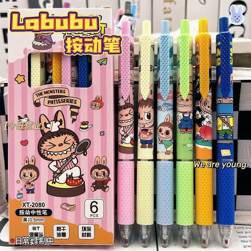 6pcs Labubu ปากกาสีดำ ปากกากด ins มูลค่าสูง การ์ตูน น่ารัก นักเรียนหญิง 0.5 มม. แห้งเร็ว ปากกาสีดำ