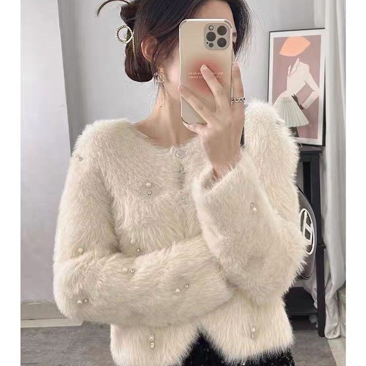 Spring and Autumn Coat Imitation Water Short Cardigan Heavy Industry Mink Velvet2024Beaded Knitted Sweater New Niche Top Thickened GHPU