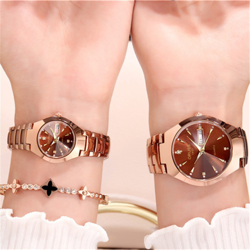 ORUSS รัส คู่เดิมสแตนเลสหรูหรากันน้ําปฏิทินคู่นาฬิกาที่เรียบง่ายสีดํากุหลาบทองส่องสว่างแฟชั่นเกาหลีร