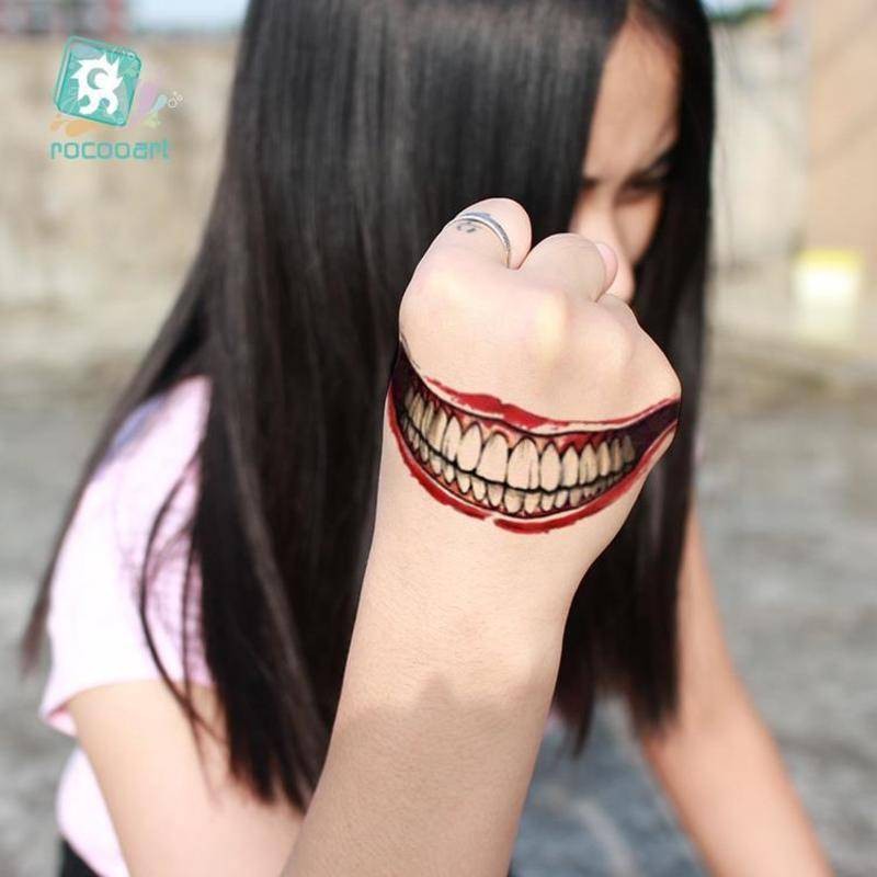 สติ๊กเกอร์รอยสักชั่วคราว สติ๊กเกอร์ฮาโลวีน ฟันสัมผัส คงที่ ปากเลือด สติ๊กเกอร์รอยสักกันน้ํา ผู้ชายและผู้หญิงยาวนาน 15 วันสุดท้าย