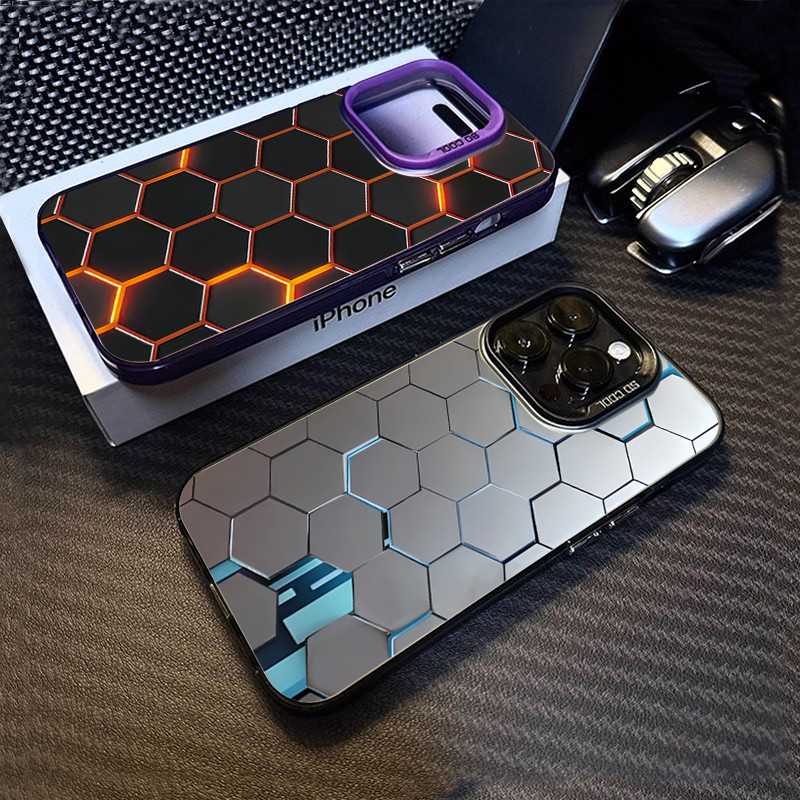 ปลอกสําหรับiphone 16 15 Pro Max 11 13 14 12 Pro iPhone 16e 7 8 Plus XS Max X XR SE2022 แฟชั่นรังผึ้งอาคารออกแบบหรูหราIMDโลหะปกแข็งกันกระแทก