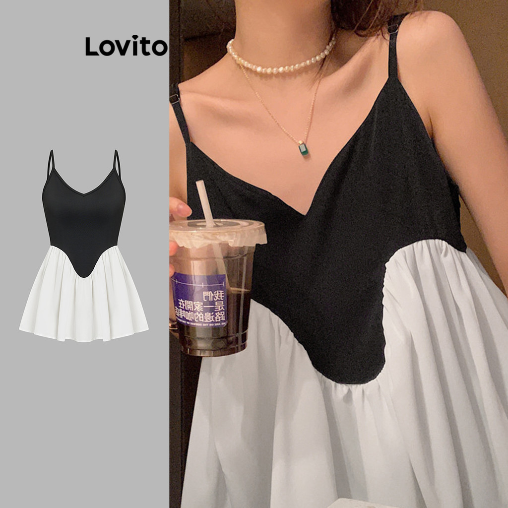 Lovito ผ้าธรรมดาน่ารักเย็บเสื้อกล้ามกุ๊นเรขาคณิตสำหรับผู้หญิง L99ED873