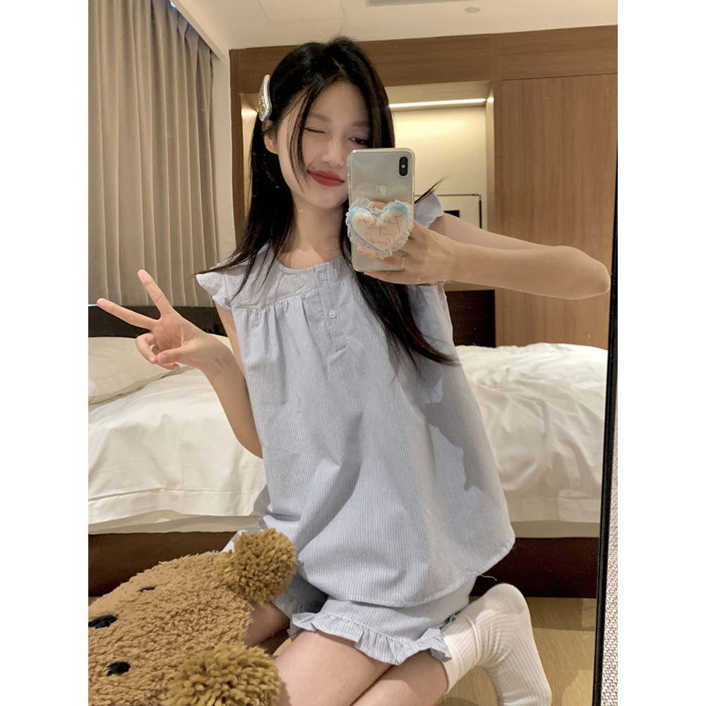 รูปแบบใหม่กางเกงขาสั้นแขวนชุดชุดนอนหวานน่ารักบางสไตล์ ชุดบ้าน สามารถสวมใส่นอก