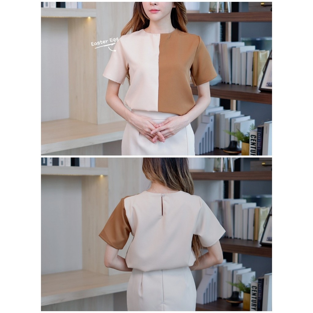 C14 ✂️ เสื้อทำงานผู้หญิง คอกลม แต่งลายทูโทน Easter Egg