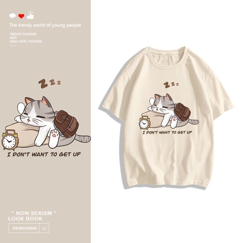 COD✅ (จัดส่งในกรุงเทพฯ) MAO Shop Printed T-shirt，ลูกแมวน่ารักนอนหลับพิมพ์เสื้อยืดแขนสั้นหลวม #53335