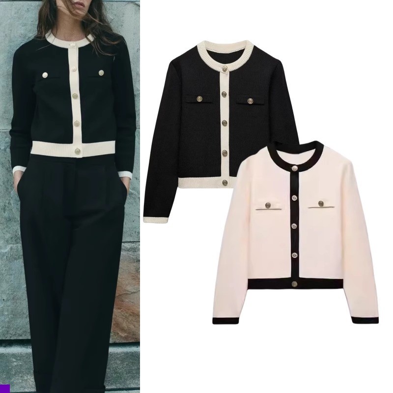 ZARA ฤดูใบไม้ร่วงสไตล์ใหม่ผู้หญิง Slim-fit Slimmer ดู Golden Breasted แขนยาวสีดําสีขาวรอบ Ne 1822106