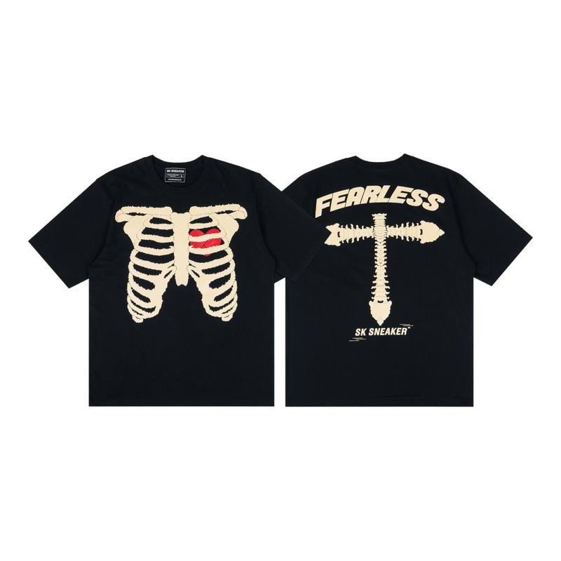 เสื้อยืดกระดูกดำ เสือดำ โครงกระดูกดำ พิมพ์ลายจุด ผ้าฝ้ายแท้ คอกลม สไตล์ลำลอง