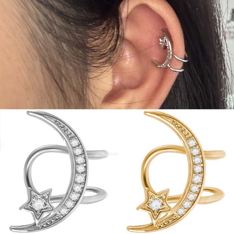 1 ชิ้นไม่มีเจาะ Moon Shape Stainless ต่างหูเหล็กข้อมือเพทายสีเงินสีทอง