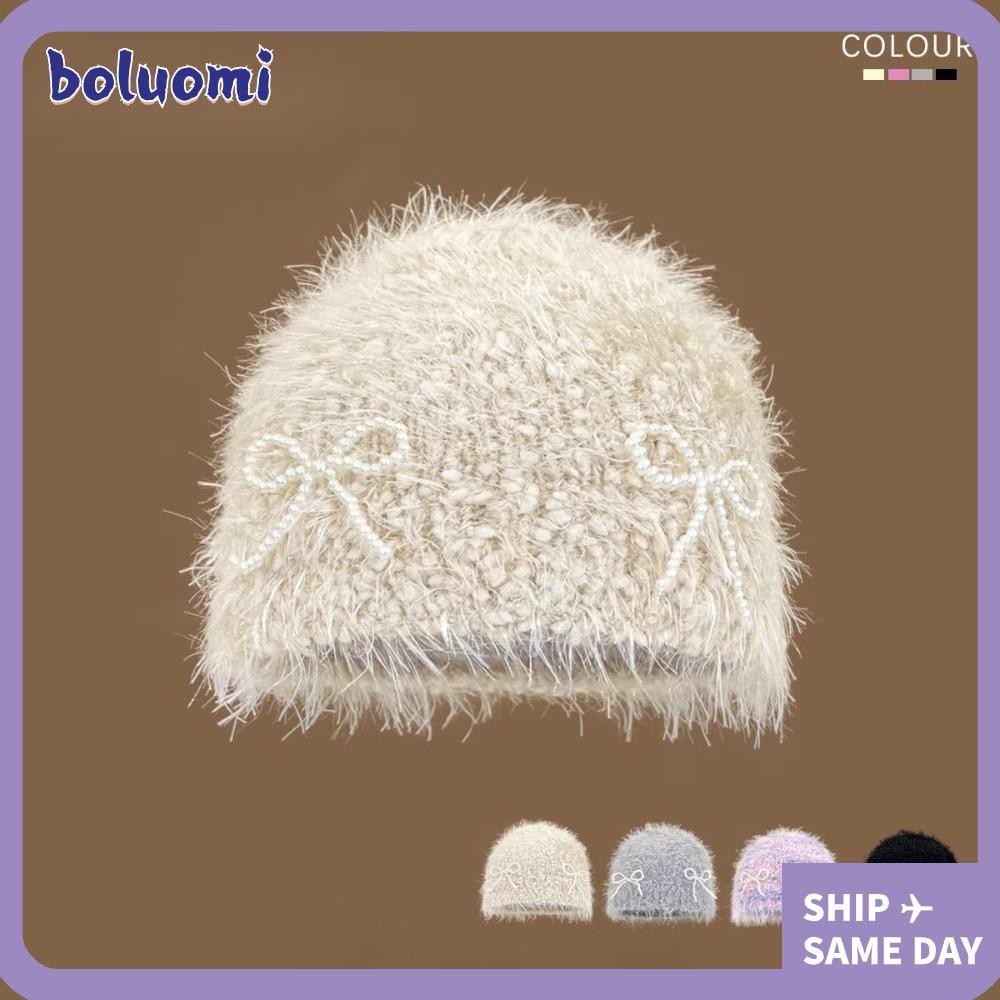 Bolumi Beanies หมวก, Windproof Keep Warm หมวกถัก, Y2k Bow Design Pullover หมวกฤดูหนาว