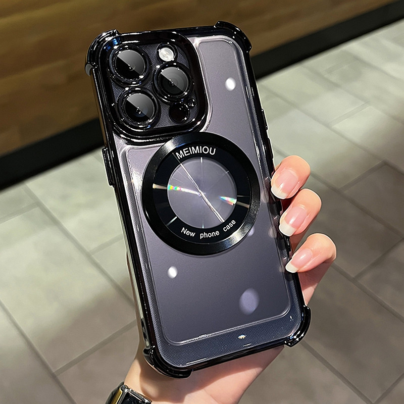 หรูหราไร้สายชาร์จสําหรับ iPhone 11 12 13 14 15 Pro Max Plus แม่เหล็กโปร่งใส Electroplate ฝาครอบกันชน
