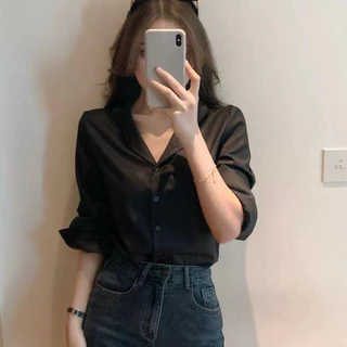 ขเสื้อเชิ้ตสํานักงานผู้หญิงสไตล์เกาหลีแขนยาวคอวีสีทึบรุ่นหลวม