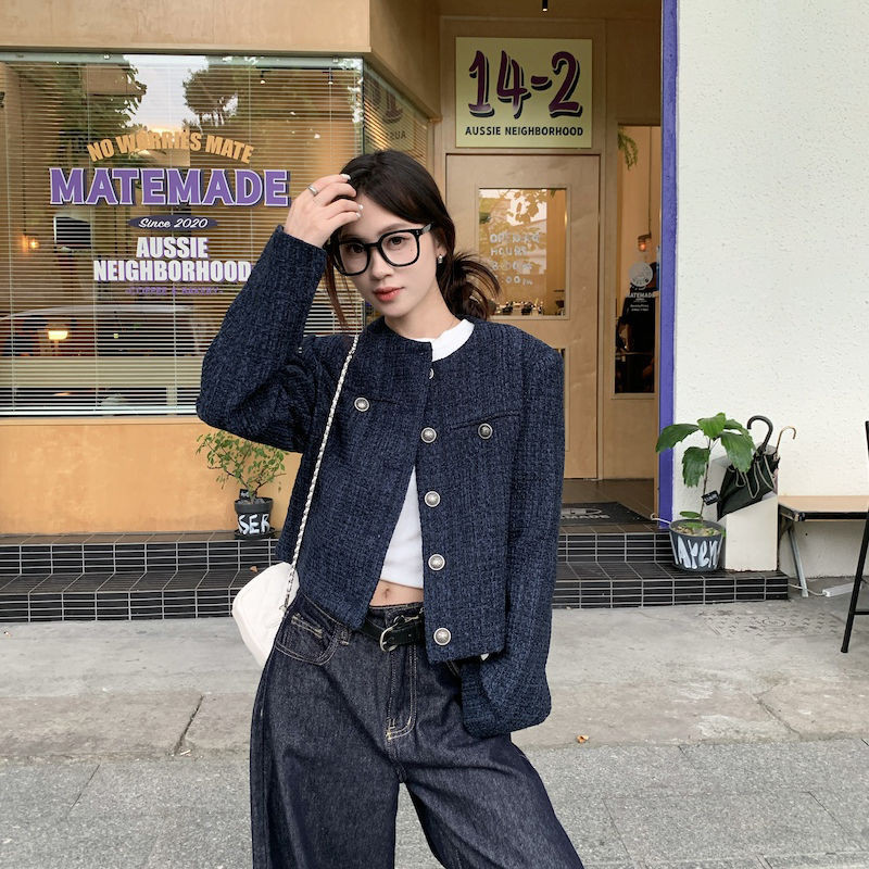 Navy Blue สั้นถักแจ็คเก็ตผู้หญิง All-Match ฤดูใบไม้ร่วงฤดูหนาวเดี่ยวแถว Retro สไตล์ใหม่ High-End หลวมยาว-