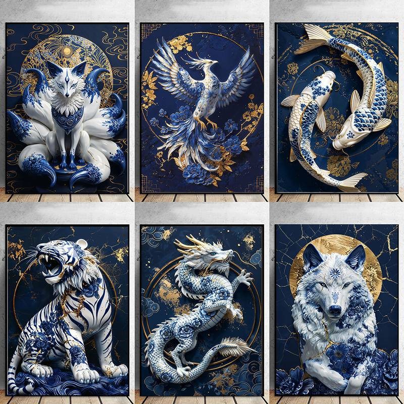 สีตะวันออกผ้าใบโปสเตอร์สัตว์จีนห้องนั่งเล่นห้องนอนตกแต่งผนังภาพวาดผนังศิลปะสีฟ้าชุดผ้าใบโปสเตอร์