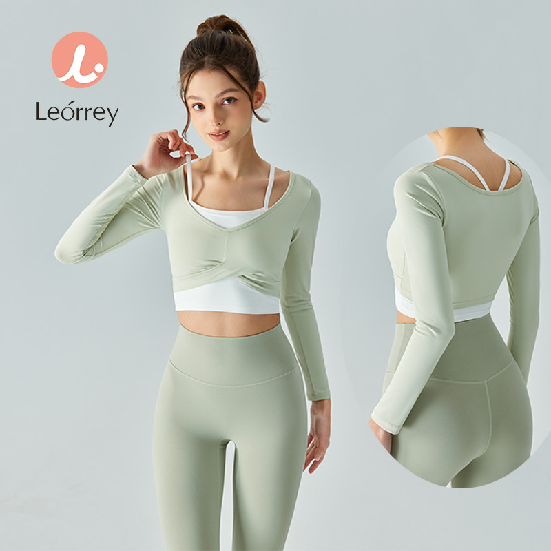 Leorrey-โยคะ แขนยาวเสื้อยืดข้ามพับแน่นพอดีออกกำลังกายโยคะด้านบนสวมใส่กลางแจ้ง