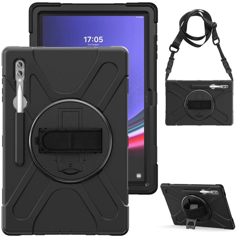 เคสกันกระแทกไฮบริดสําหรับงานหนักสําหรับ Samsung Galaxy Tab S10 Ultra 14.6 นิ้วฝาครอบขาตั้งโรตารี่ S10Ultra SM-X920 X926 cover ฝาครอบป้องกันการตกพร้อมช่องเสียบปากกาสายคล้องไหล่เข็มขัดมือ