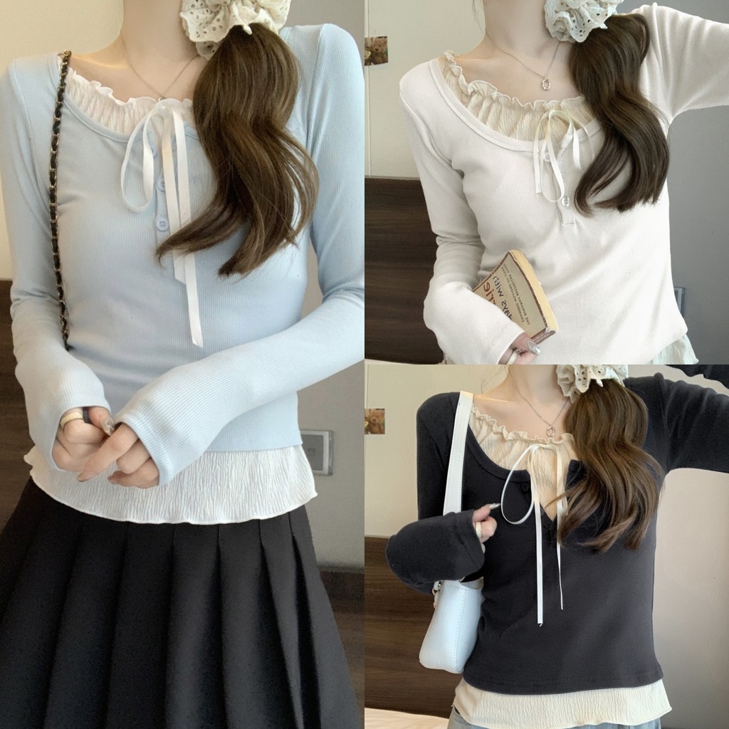 Bonnie เสื้อไหมพรมคอกลม ผู้หญิง ใส่สบาย ขอบหยัก เสื้อยืดแขนยาว ยืดตามตัวสีพื้นผ้านิ่ม สไตล์เกาหลี#E356