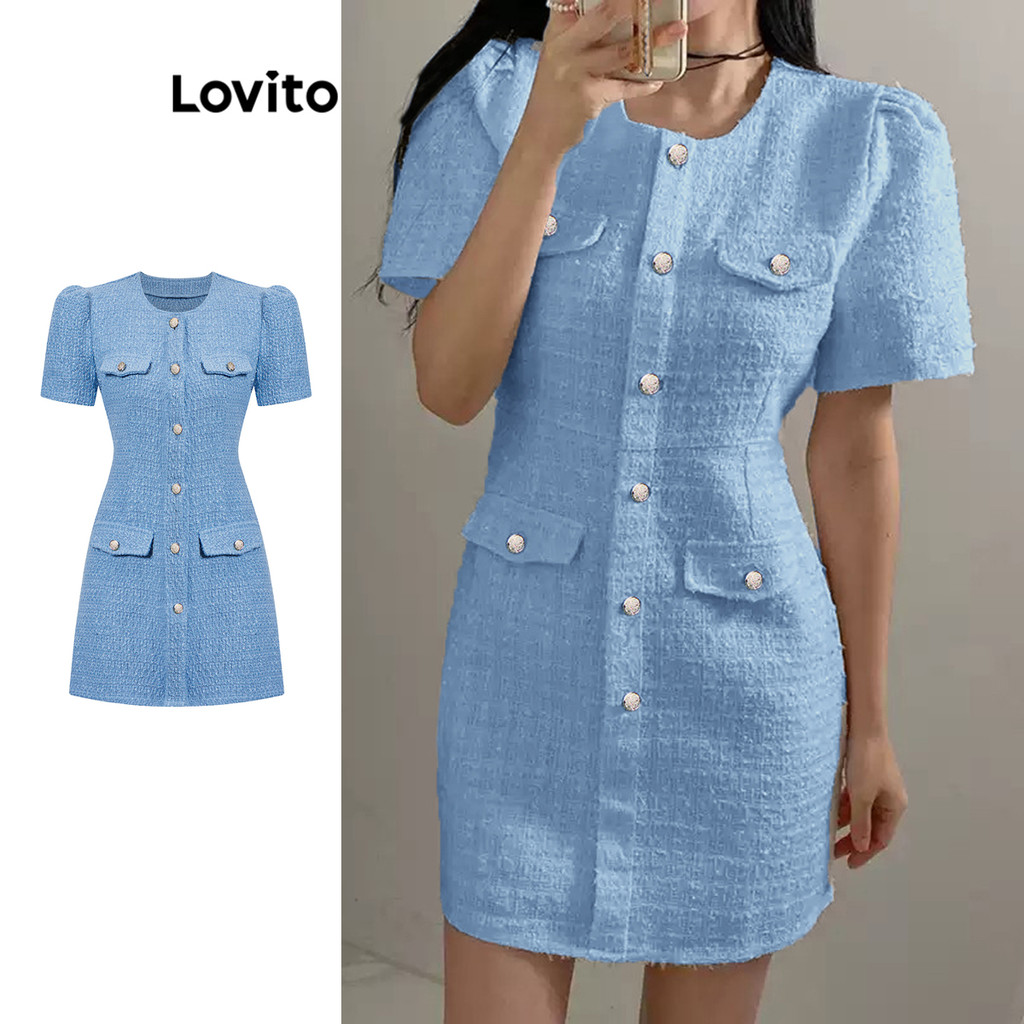 Lovito ชุดเดรสกระดุมธรรมดาสวยหรูสำหรับผู้หญิง L102AD333