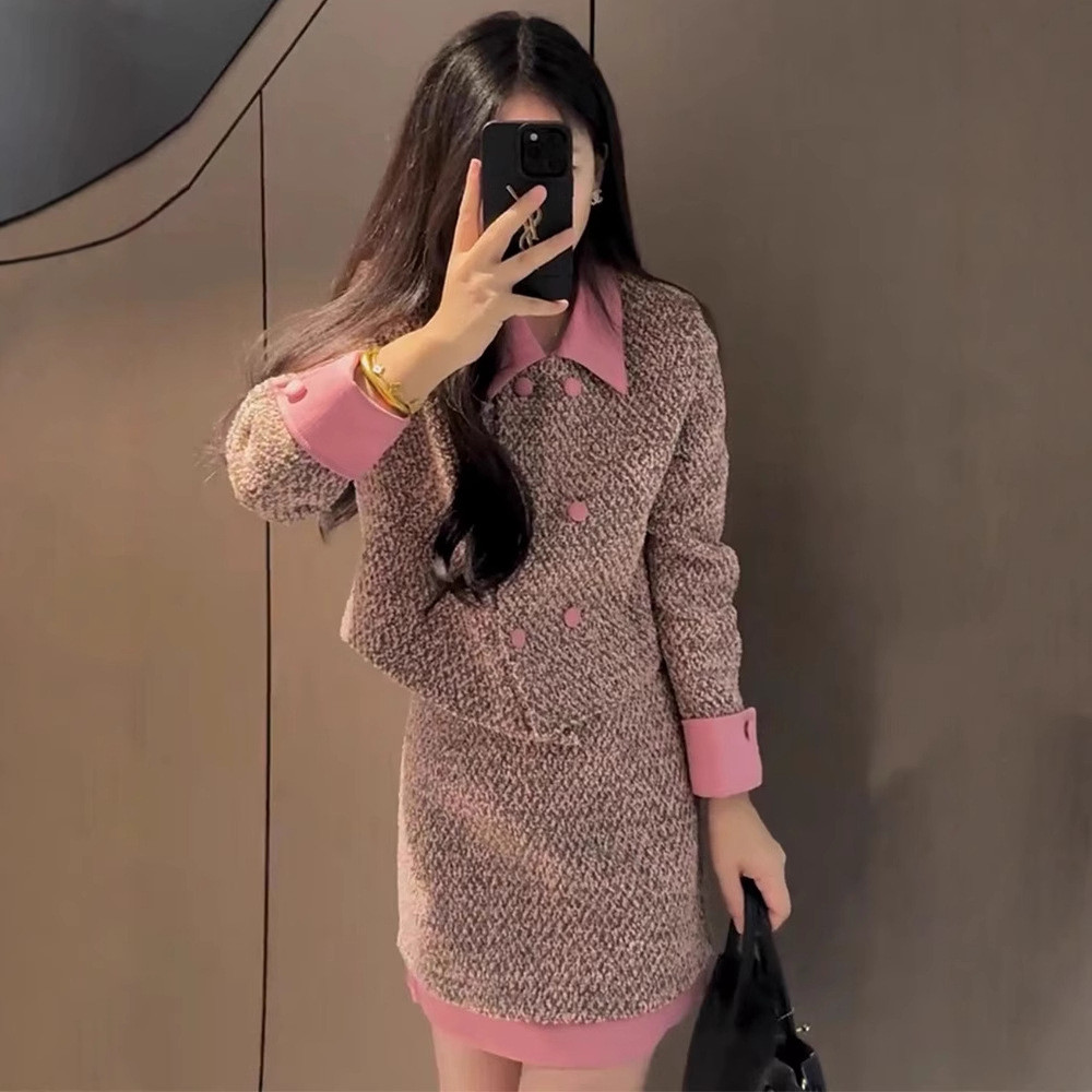 {SUNSHINE Club} 2024 ฤดูหนาวสไตล์ใหม่สีตัดกันปกสไตล์ Chanel เสื้อแจ็คเก็ตกระดุมสองแถวเอวสูงชุดกระโปรง