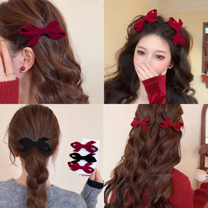 คริสต์มาสปีใหม่กํามะหยี่สีแดงโบว์กิ๊บปากเป็ดคลิปสาวแฟชั่นเกาหลีหวานเครื่องประดับผม