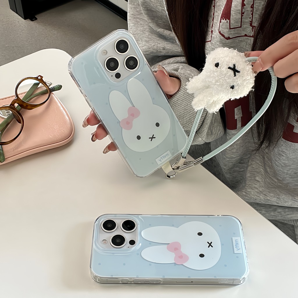 Miffy Rabbit Bowknot Plush Doll Rope Blue TPU Cover สําหรับ Apple IPhone 16 15 14 13 Pro Max เคสกันกระแทก