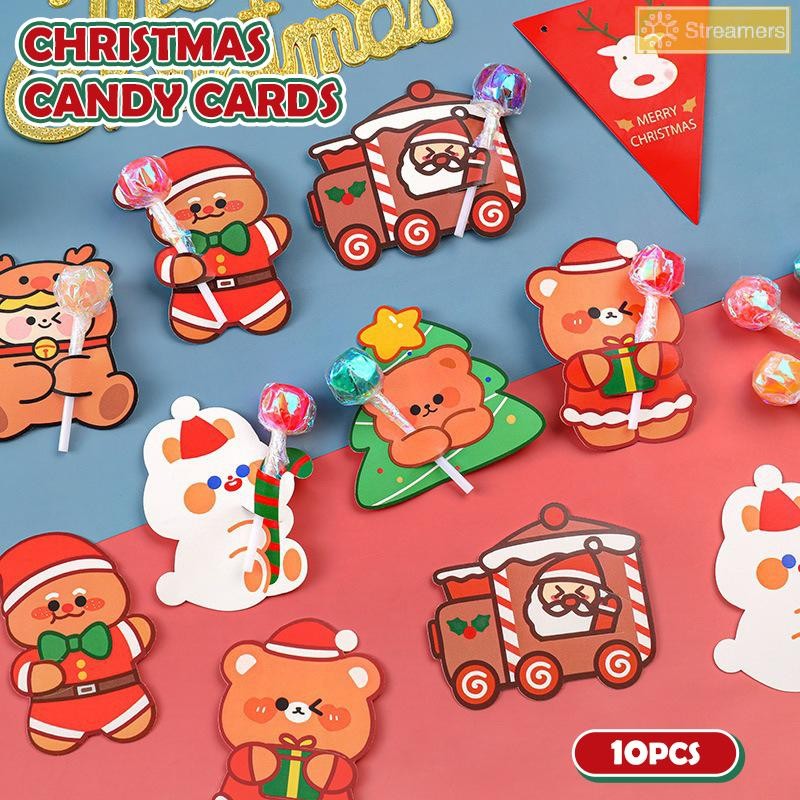 {Streamers} 10 ชิ้นการ์ตูน Lollipop Card Christmas Candy ตกแต่งบรรจุภัณฑ์การ์ดน่ารัก Xmas Tree Santa Claus Lollipop ผู้ถือของขวัญใหม่