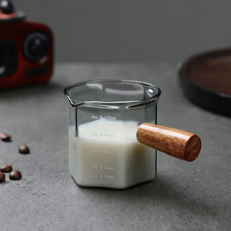 120ml Wood Handle Glass Espresso Measuring Cup Oblique Mouth Milk Jug Coffee Supplies Clear Kitchen 