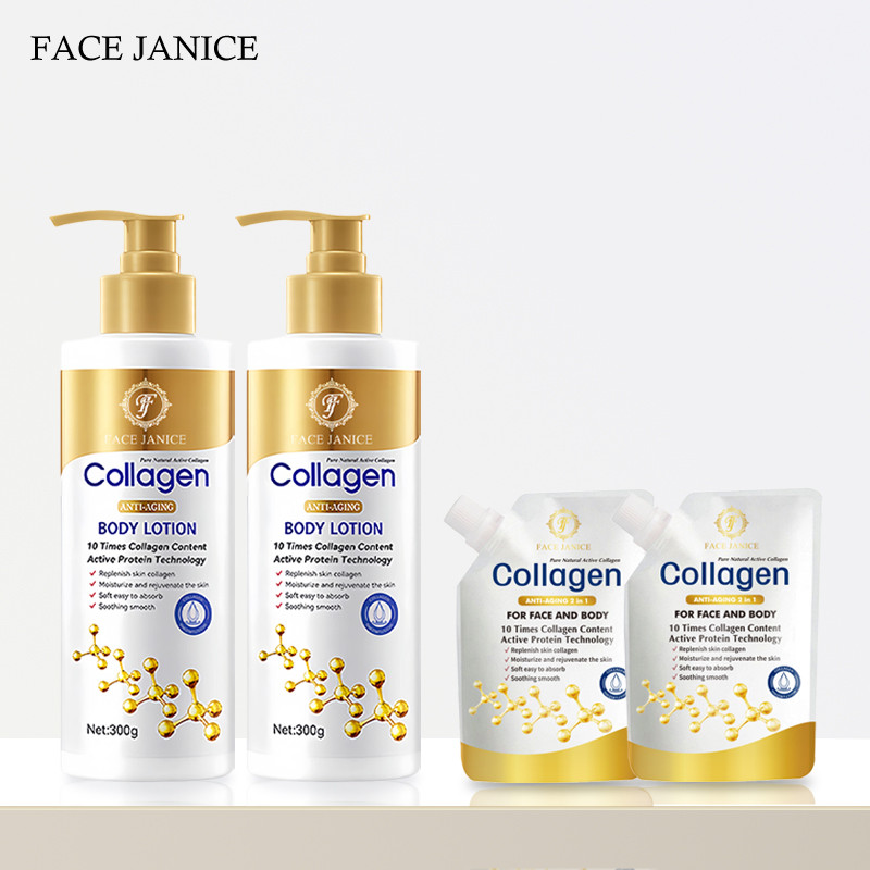 【 เซตดูแลผิว】โลชั่นคอลลาเจนทองคำ 2-in-1 120ml+FACE JANICE โลชั่นบำรุงผิวคอลลาเจน 300g