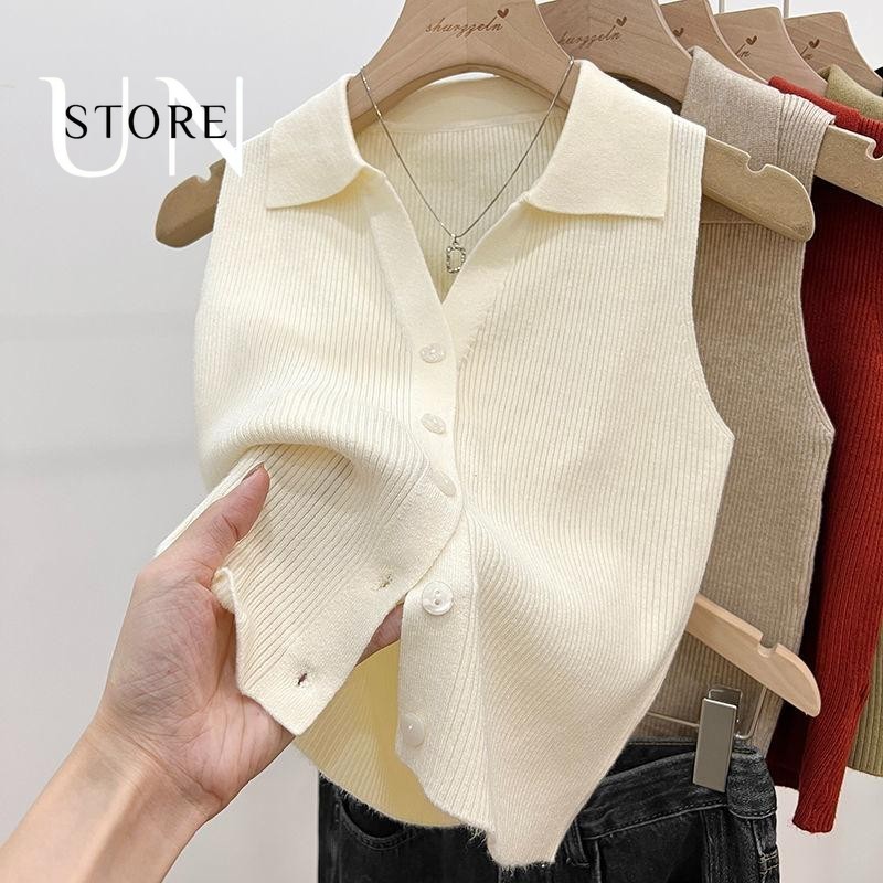 เสื้อสเวตเตอร์ผู้หญิงธรรมดาถักคอวีแขนกุดเปิดเสื้อเสื้อยืดแฟชั่นใหม่เสื้อผ้าหลวมอเนกประสงค์