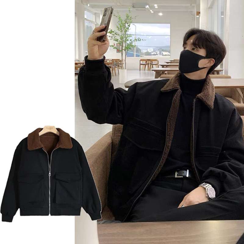 EERSHENSHI ผู้ชายฤดูหนาวเบาะเสื้อลําลองเกาหลีย้อนยุคขนสัตว์เปิดลงปกเสื้อ