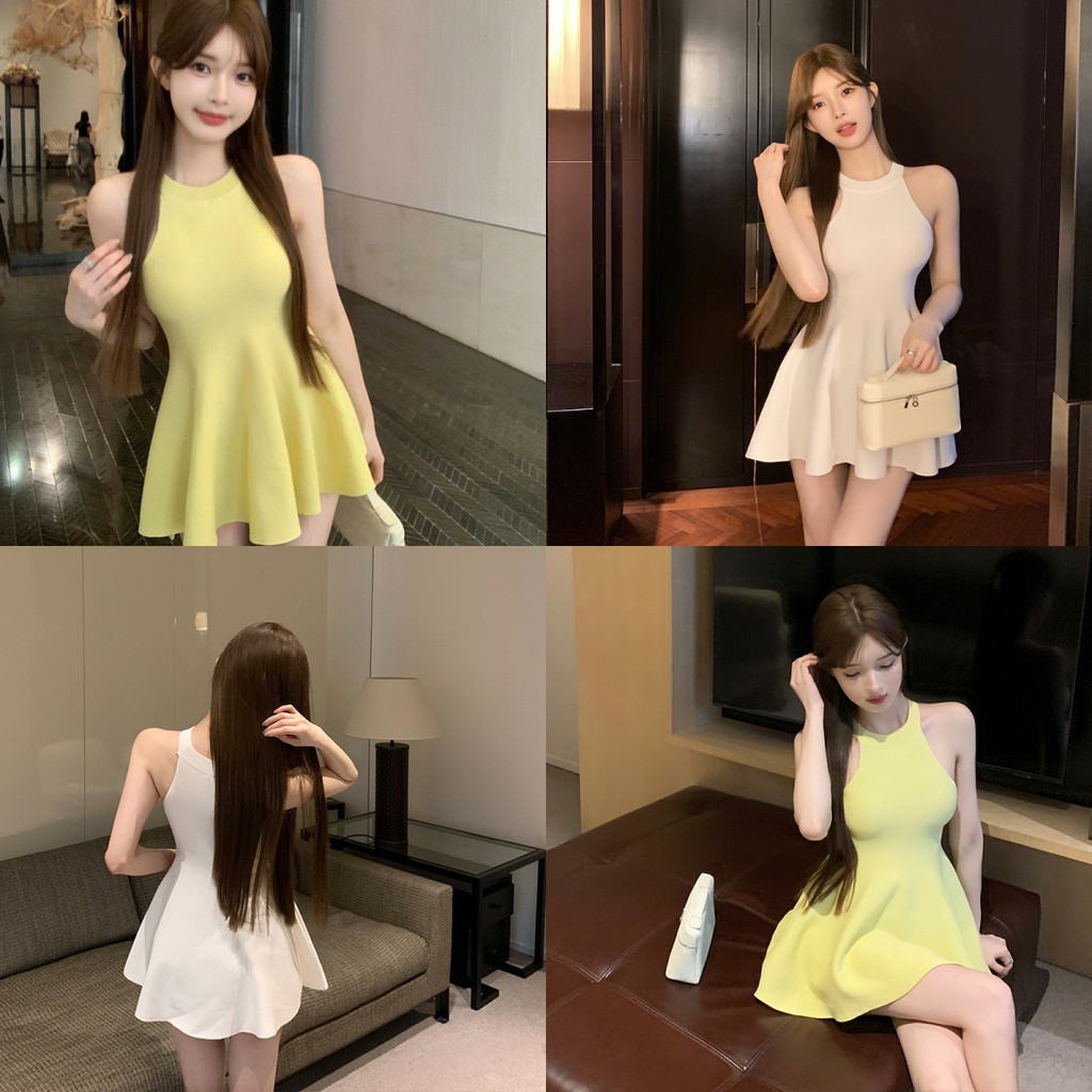 Evelynชุดมินิเดรสไหมพรม ทรงรัดตัว คอกลม สีพื้นเรียบๆ