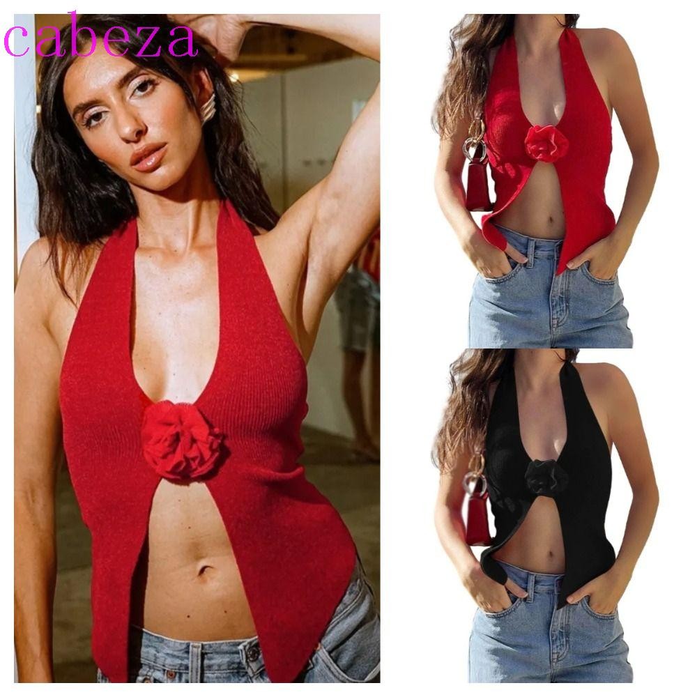 Cabeza 3D ดอกไม้แขวนคอ Tops, Y2k ไม่สม่ําเสมอ Slim สายคล้องคอแขนกุด Crop Top, Chic Slim Fit แยกผู้หญิง Tank Tops ลึก V คอ Halter เสื้อกั๊ก Lady