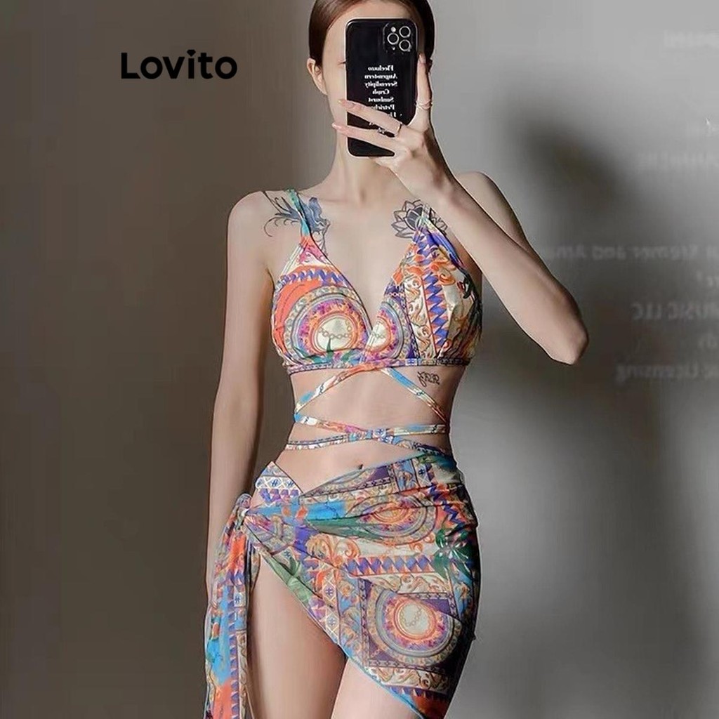 Lovito ชุดเซ็ทบิกินี่ผู้หญิง พิมพ์ลายชนเผ่า สไตล์ลำลอง LNA57072