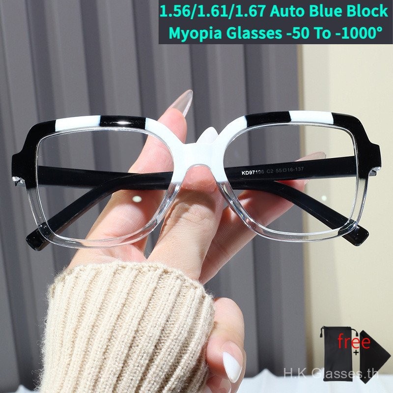 กรอบแว่นตา, แว่นตาสายตาสั้น, 1.56/1.61/1.67 Auto Blue BLOCK myopia glasses -50 TO-1000 °, กรองแสงสีฟ้าแว่นตา, แฟชั่นสไตล์วินเทจ, กรอบสี่เหลี่ยม, สำหรับผู้ชายและผู้หญิง