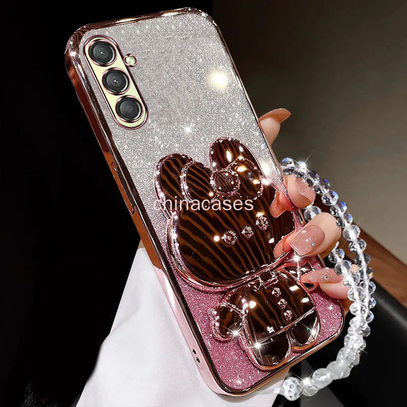 ปลอก Samsung M54 M53 M55/C55 เคสโทรศัพท์พร้อมขายึดกระจกกระต่ายและเชือกเส้นเล็กคริสตัลป้องกันการตก