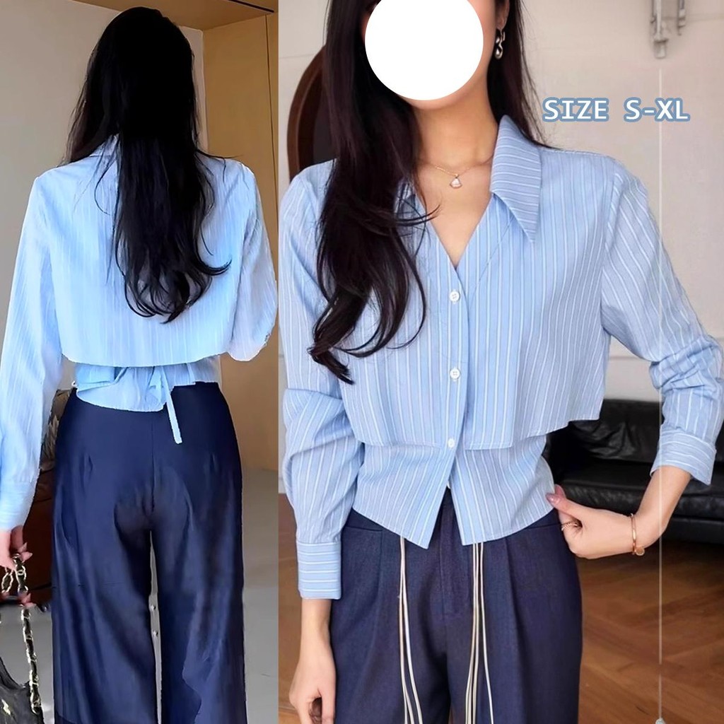 Chili Koko เสื้อเชิ้ตแขนยาวผูกเอว เสื้อเชิ้ตลายทางสีฟ้า โบว์ข้างหลัง เสื้อผ้าแฟชั่น กระชับเอว w620