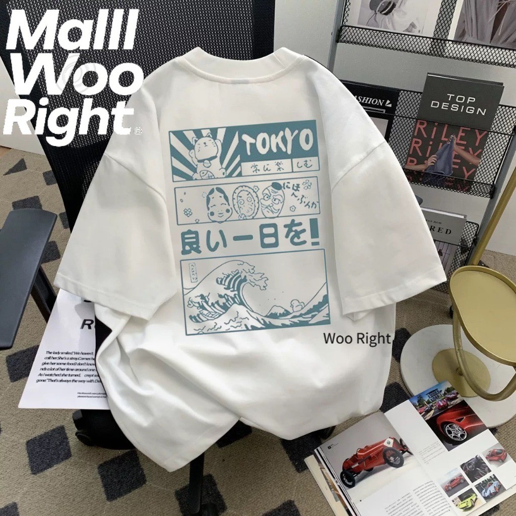 (จัดส่งตลอด 24 ชั่วโมง)Woo Right ฤดูร้อนนมผ้าไหมเสื้อยืดคอกลมทะเลคลื่นพิมพ์ A แขนสั้นหลวมทุกการแข่งขันด้านบน