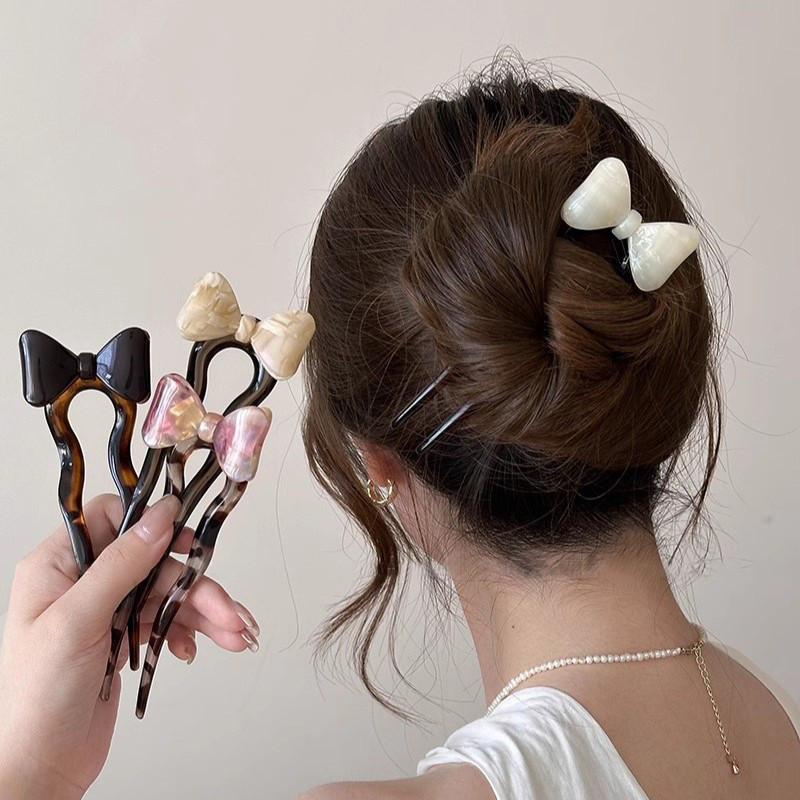 เสื้อผ้าและเครื่องประดับผม Retro Bow Acetate U-Shaped Hairpin สไตล์ใหม่ สำหรับหญิงปี 2024