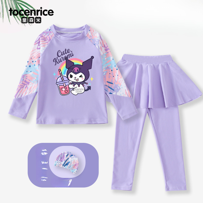 ชุดว่ายน้ำ Kuromi สำหรับเด็กหญิง แบบแขนยาวและขายาย พร้อมหมวกว่ายน้ำสีม่วง