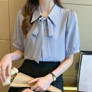 S-2XL เสื้อเชิ้ตทำงานผู้หญิงผูกโบว์หลวมบางแขนสั้นเสื้อชีฟอง
