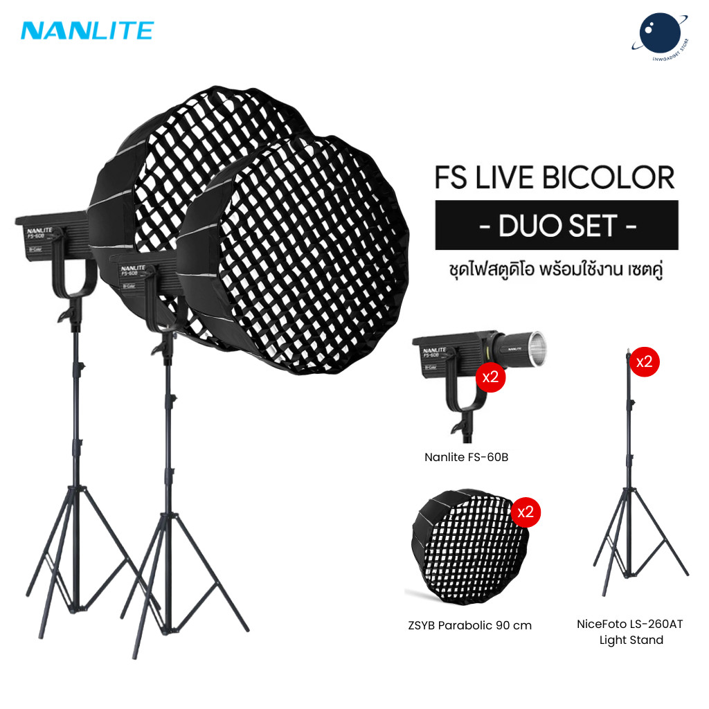 FS Live BiColor - Duo Set ( 2x NANLITE FS-60B, 2x ZSYB Parabolic 90CM with Grid, 2x Nicefoto ขาไฟโช๊