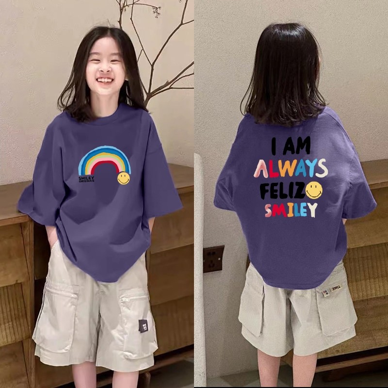 PlayTee เสื้อยืด cotton kids เสื้อ 'ยิ้มหน่อยสายรุ้ง' oversize เสื้อเด็ก แขนสั้น แฟชั่น สไตล์เกาหลี เด็กผู้ชาย/girl