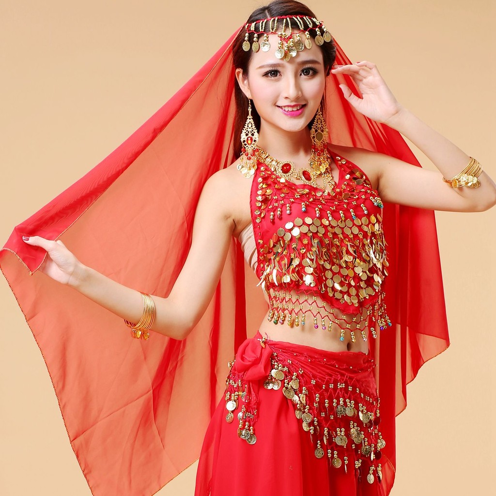 Y Belly Dance Headdress Gauze Veil ชาติพันธุ์เต้นรําอินเดียอุปกรณ์เสริมการแสดงบนเวทีเหรียญชีฟองหัว D