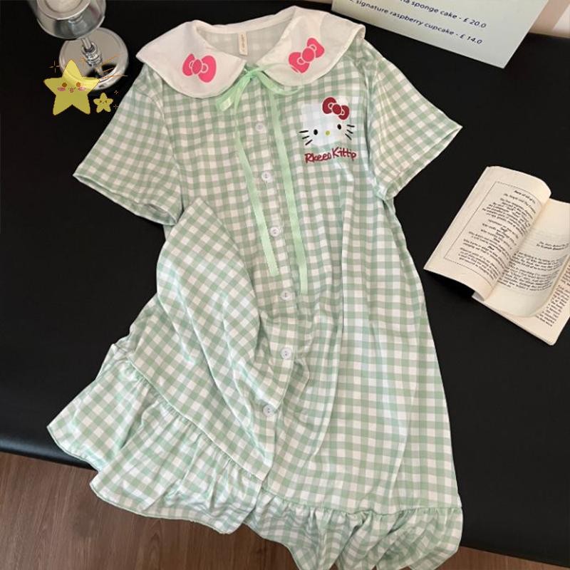 [JBTH] Fashion Home Loose Sweet Plaid Cartoon Cat Casual Nightdress For Women [JB]