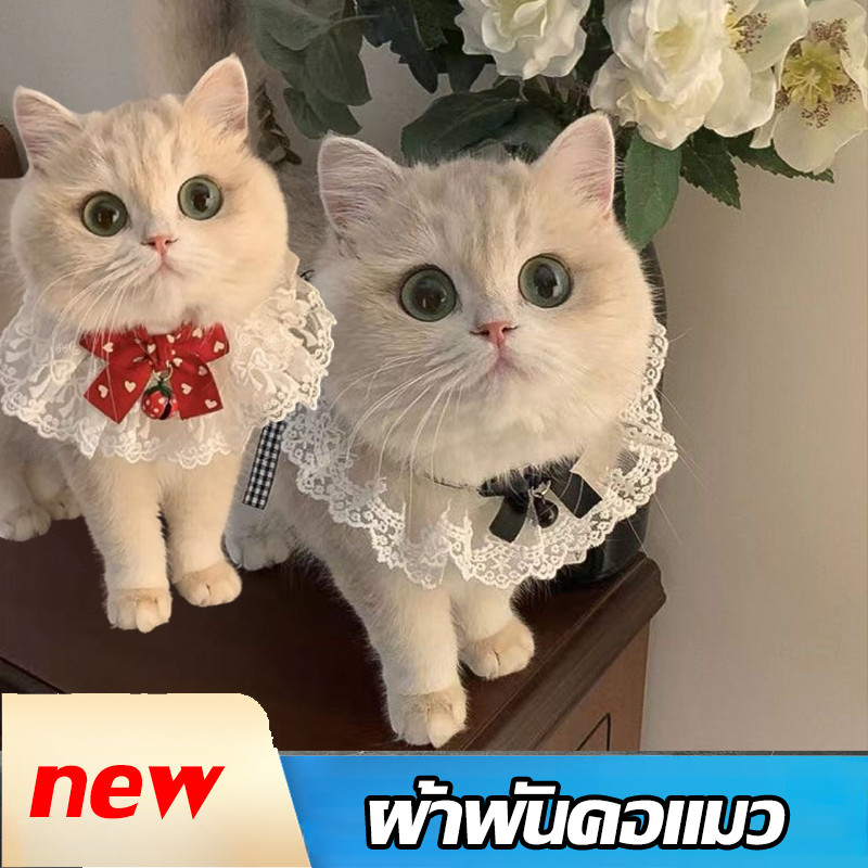 ผ้าพันคอแมว ผูกโบว์ ปลอกคอสัตว์เลี้ยง ตกแต่งสัตว์เลี้ยง ประดับโบว์ เอี๊ยม พิมพ์ลายลูกไม้