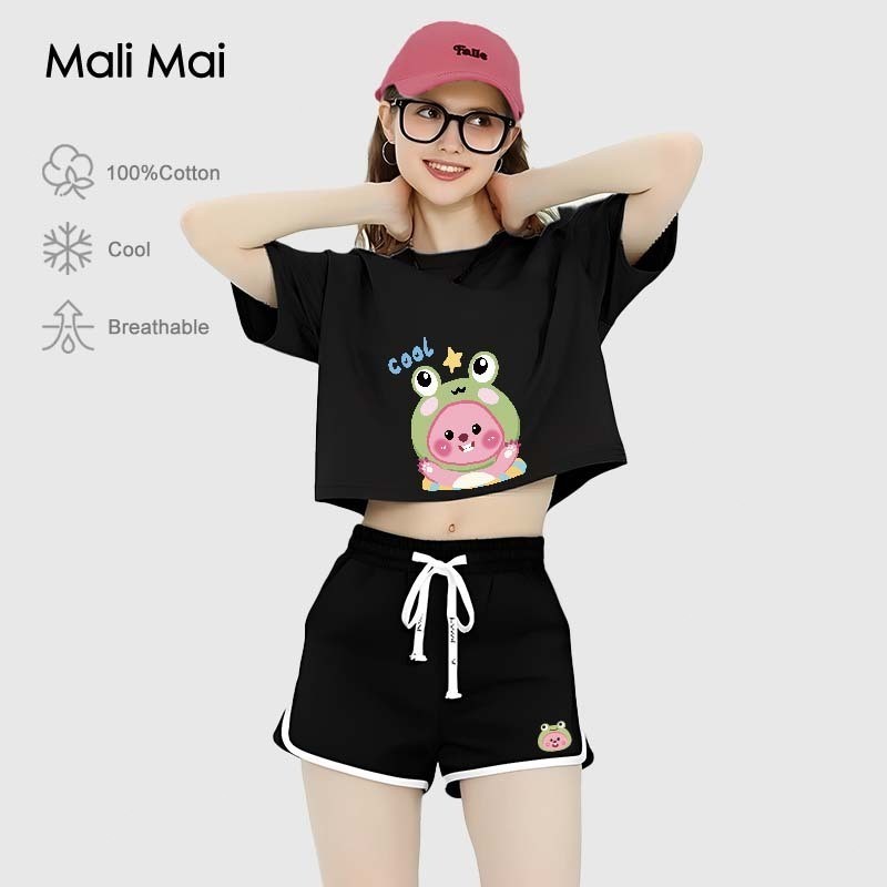 Oneset Crop Suit Loopy ผ้าฝ้าย 100% กางเกงกีฬาขาสั้นเอวสูงหลวมพิมพ์ลายตลกเพื่อส่ง